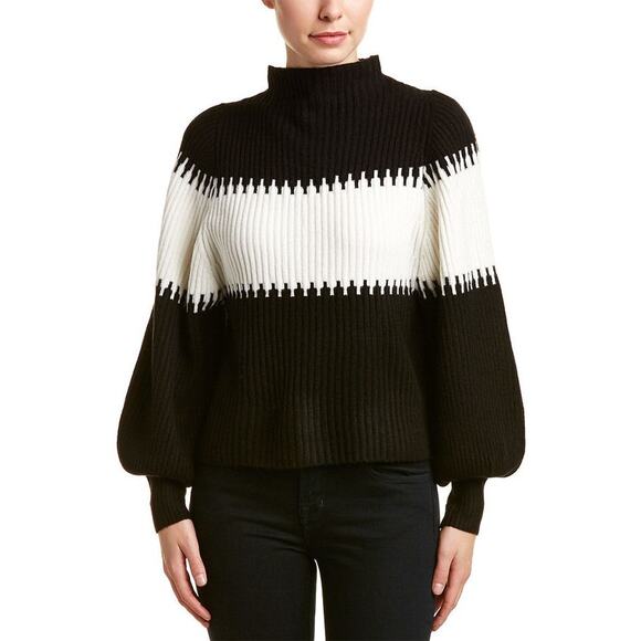French Connection Sofia Wool Blend Striped Balloon Sleeve Sweater Black White S - Picture 1 of 9